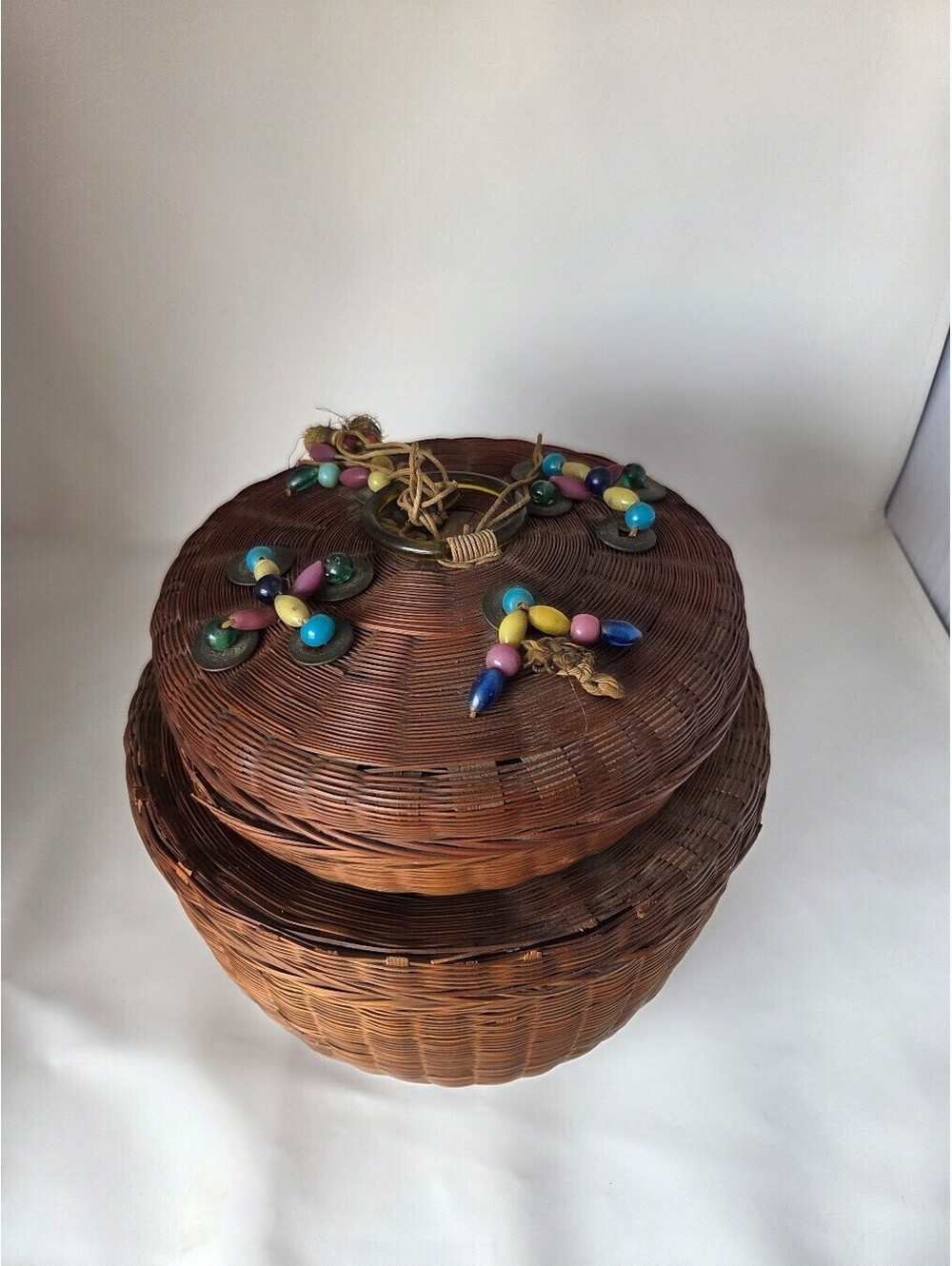 Vintage Woven Basket Set with Lid Asian Coin Beads Round Stacked Storage Box